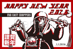 チョッパーバイクに乗る猿イラストの年賀状テンプレート